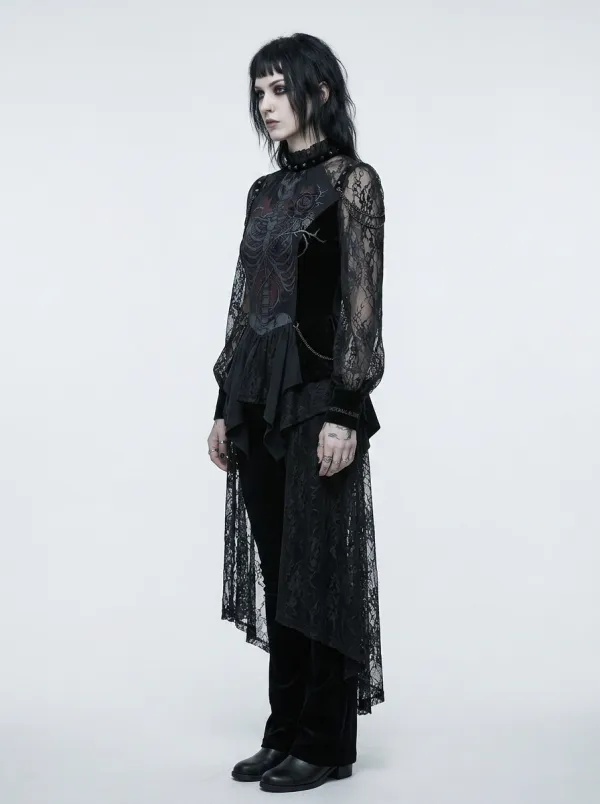 Women's Gothic Skeleton Rose Printed Lace Long Sleeve Top