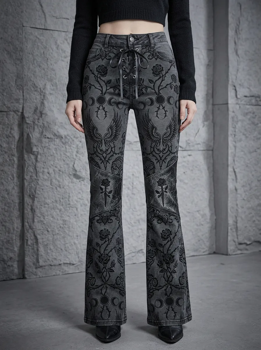 Alternative Rose Moon Wing Night Look Women's Gothic Flare Pants