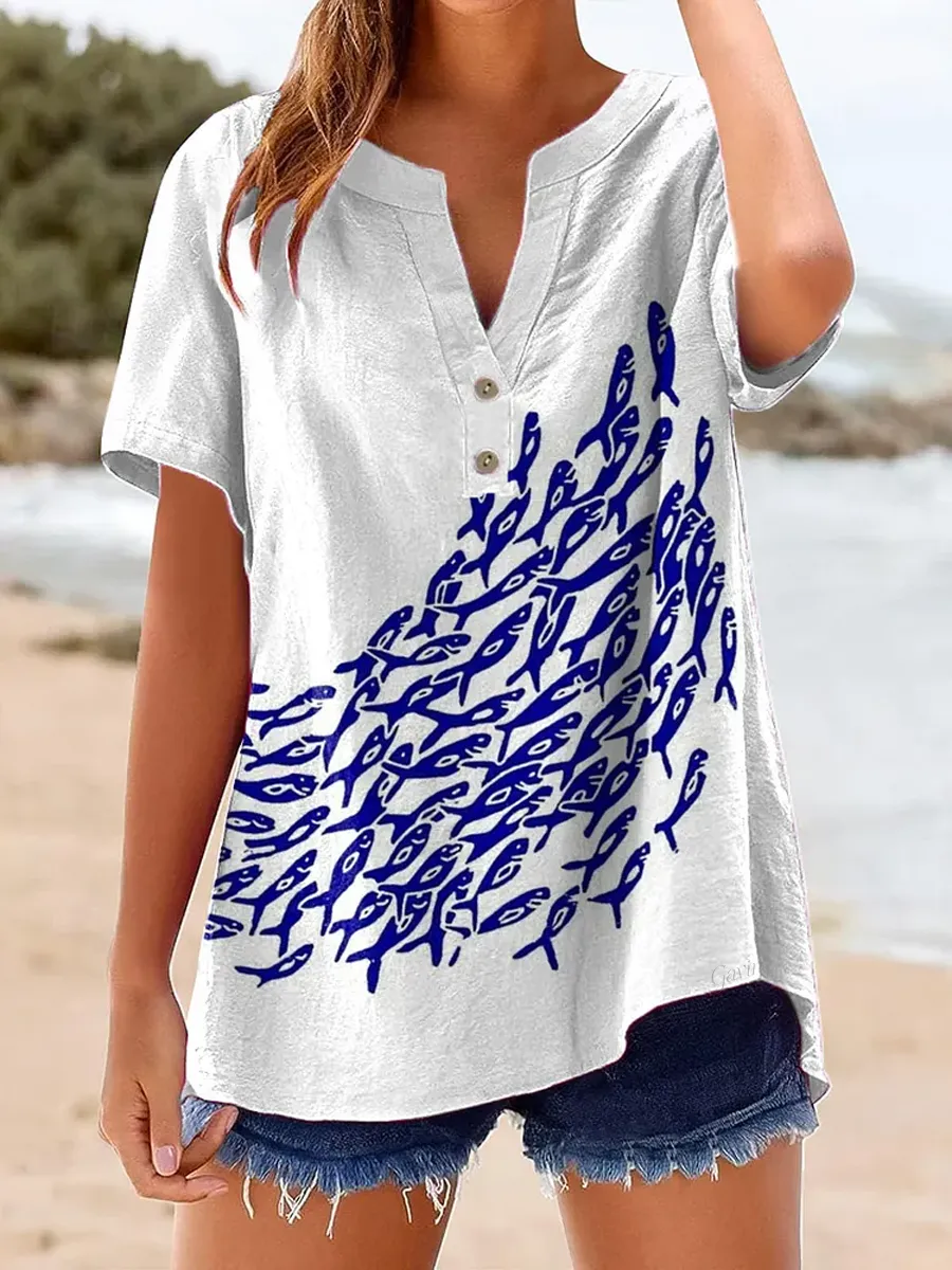Women'S Vintage Fish-Pattern Linen Shirt