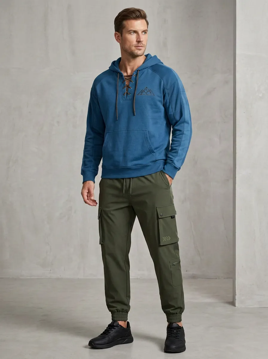Trail-Inspired Lace-Up Mountain Graphic Classic Look Men's Lace Up Hoodie And Cargo Jogger Set