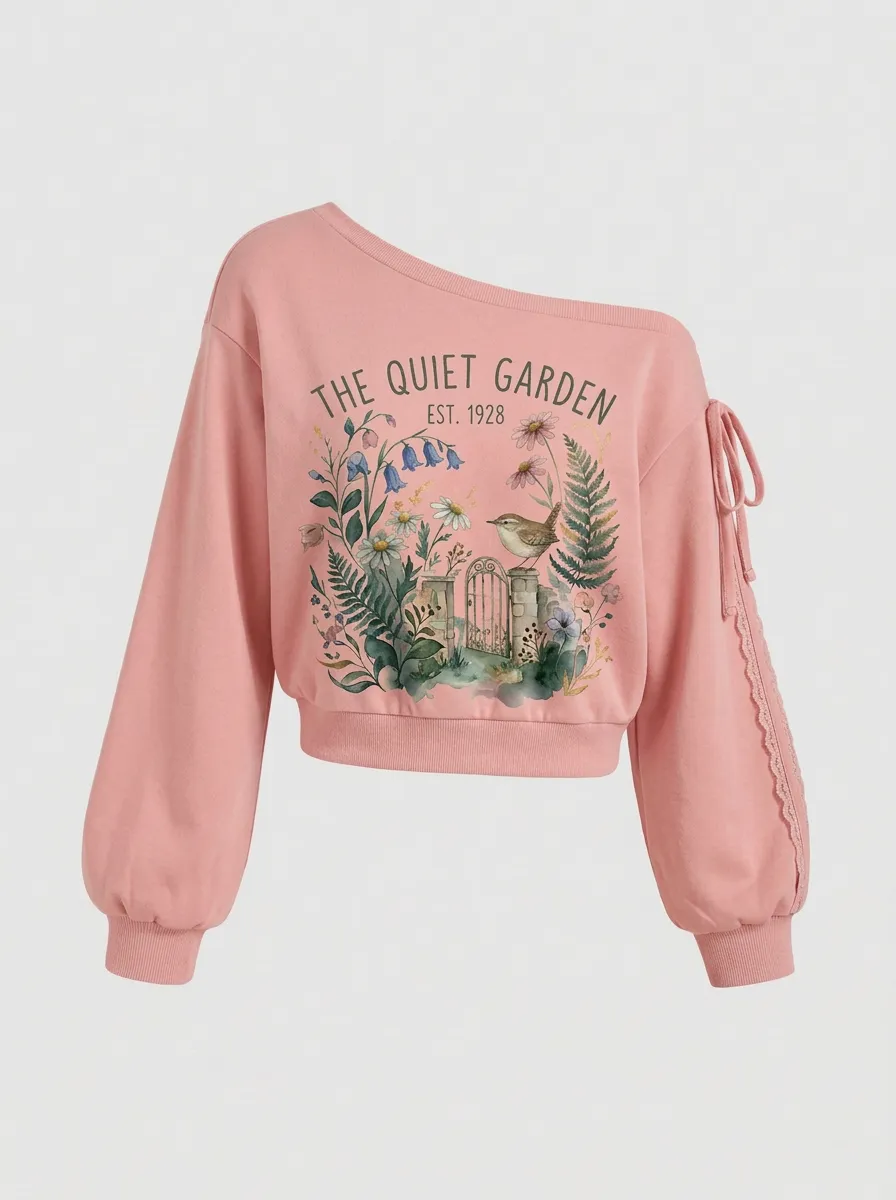 Women's Nature Quiet Garden Bird Floral Graphic Off-Shoulder Sweatshirt