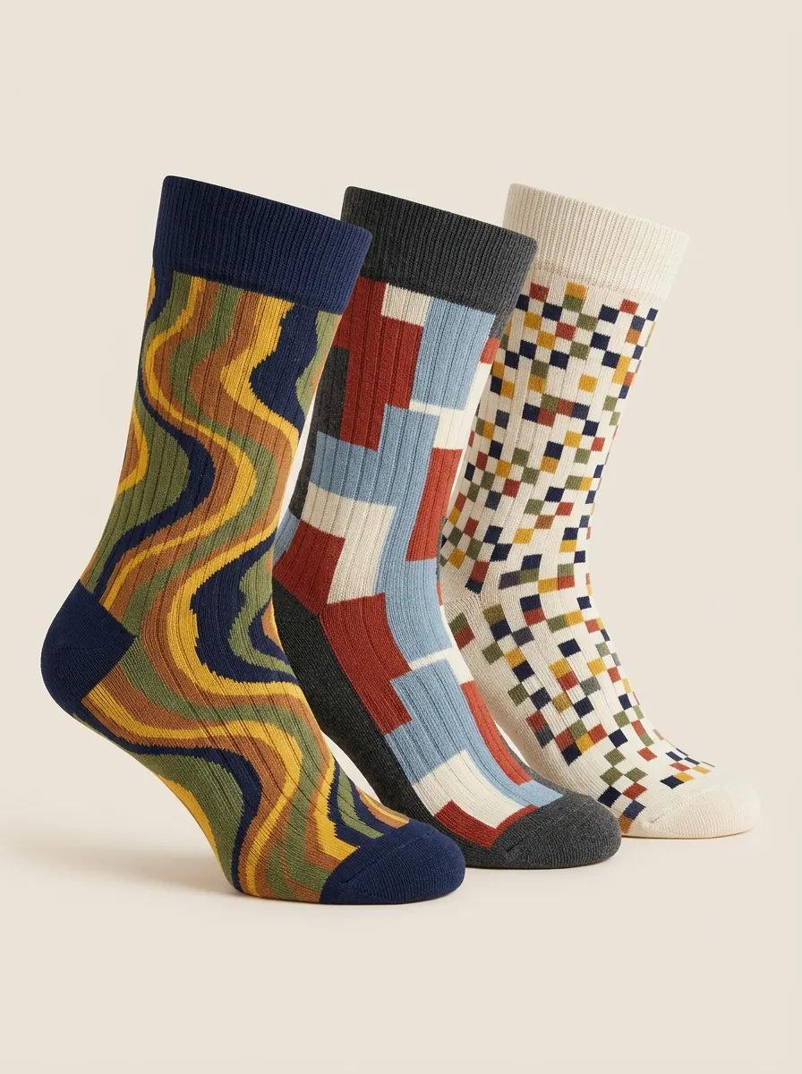 Men's Abstract Geometric Wave Grid Printed Three Pack Socks