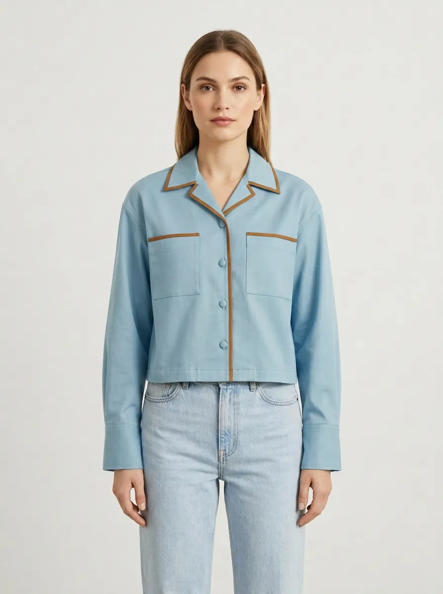 Women's Contrast-Trim Camp-Collar Dual-Pocket Shirt