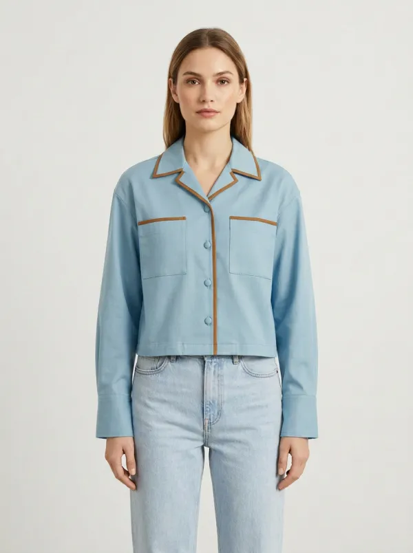 Women's Contrast-Trim Camp-Collar Dual-Pocket Shirt