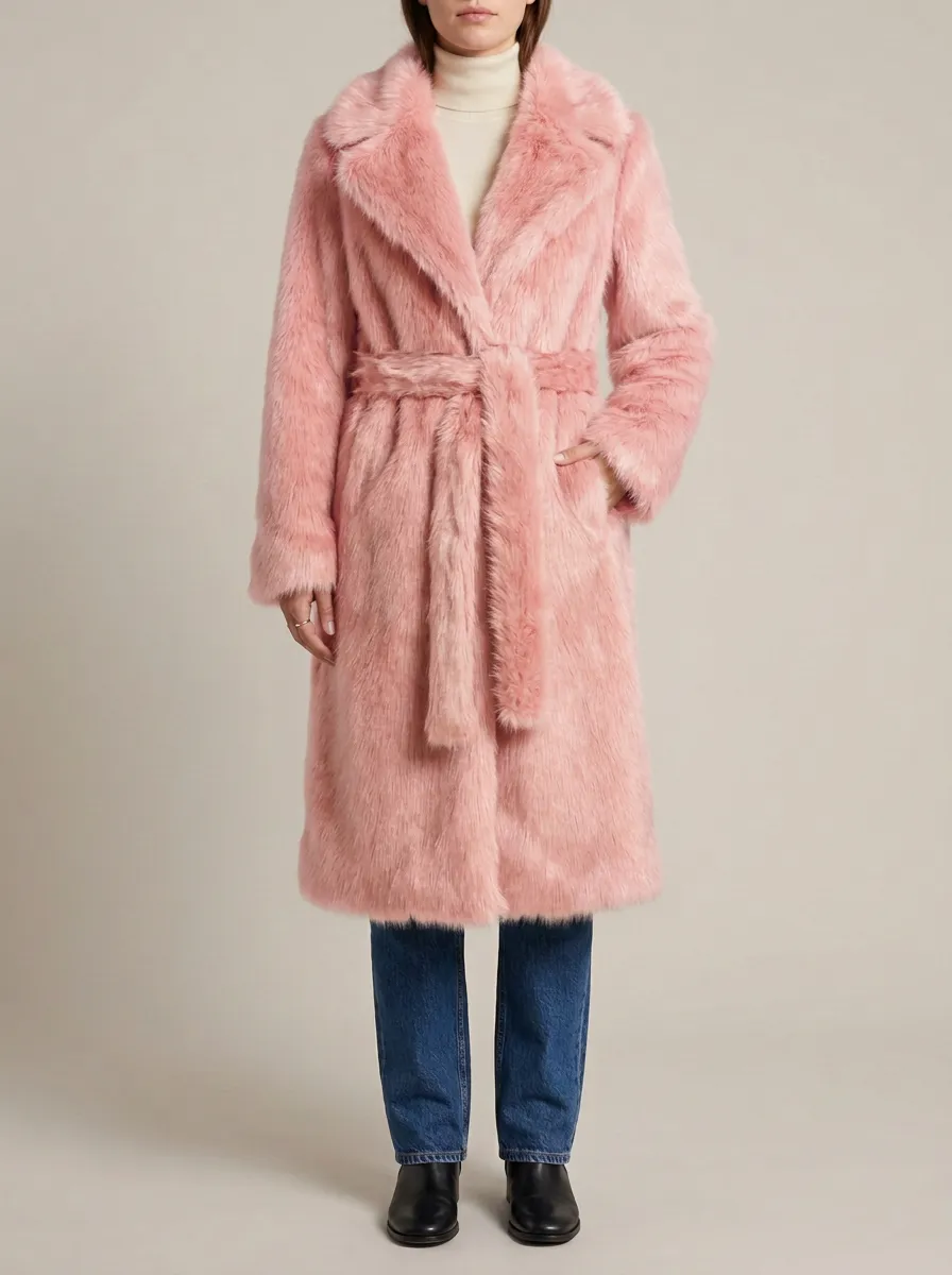 Side Pockets Faux Fur Belted Coat