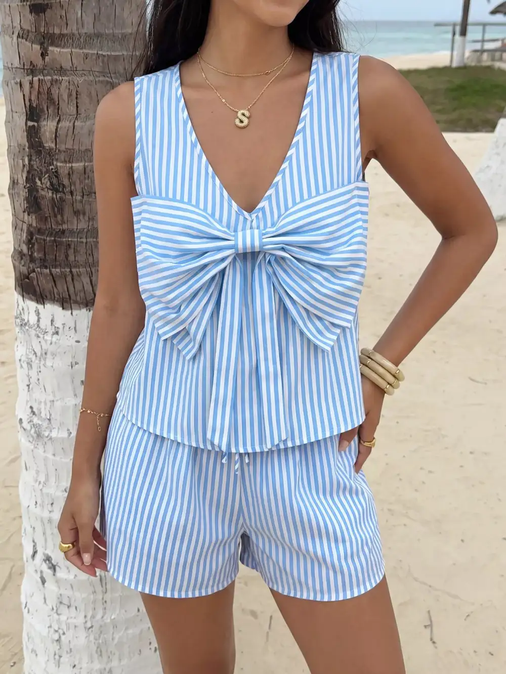 Striped Bowknot Sleeveless Top and Shorts Set
