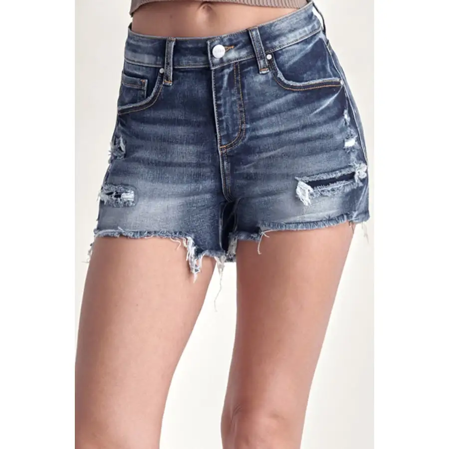 Risen Mid Rise Raw Hem Denim Shorts