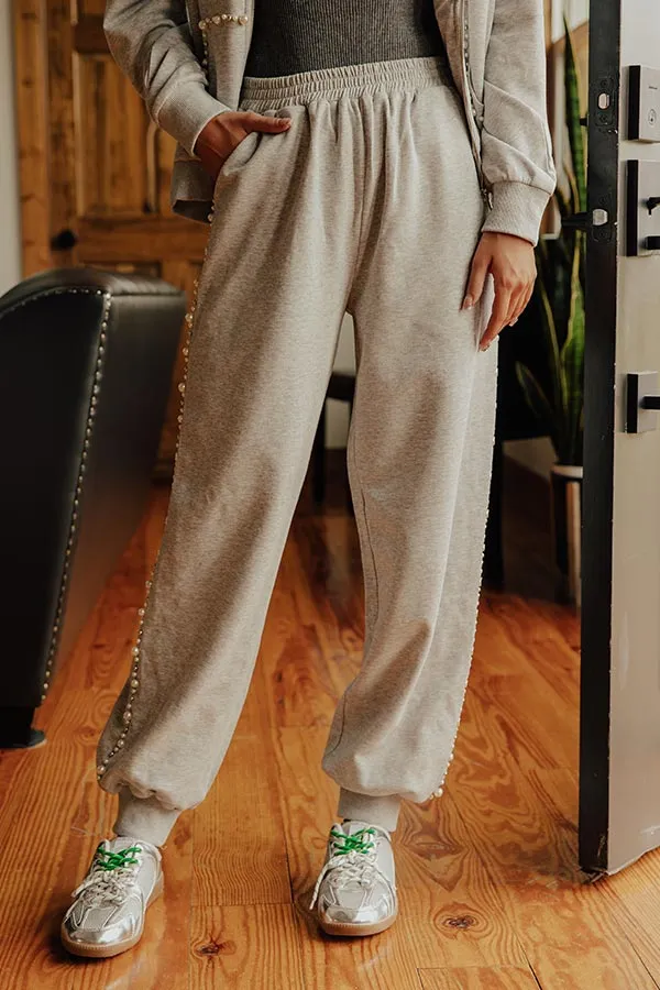 High Waist Relaxed Ribbed Embellished Pearl Detail Jogger Pants