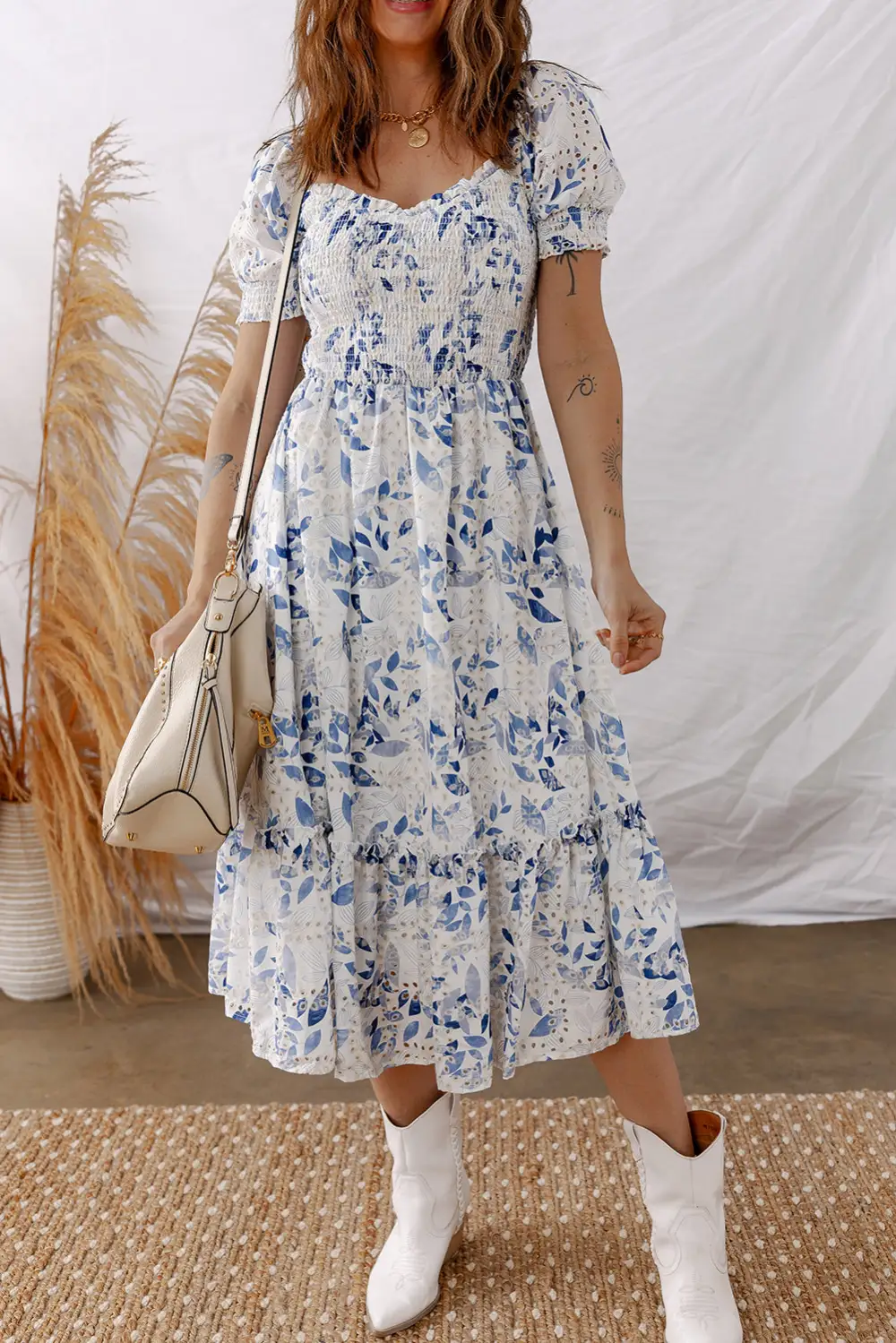 Smocked Bodice Short Puff Sleeve Tiered Midi Dress