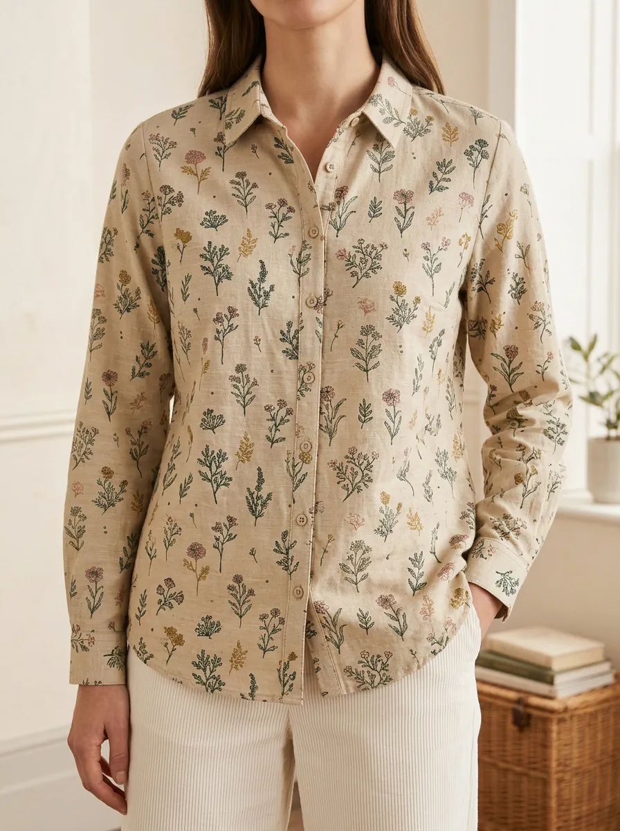 Women's Botanical Floral Beige Printed Shirt