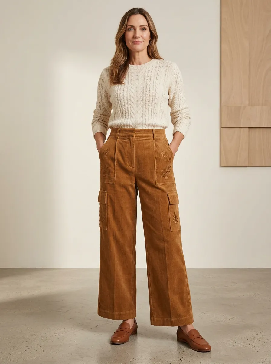 Women's Nature Lover Leaf Embroidered Printed Corduroy Pants