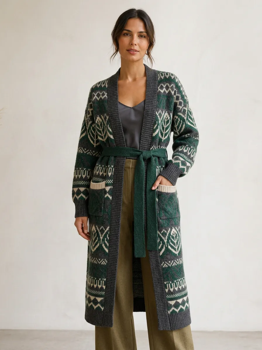 Women's Boho Geometric Leaf Pattern Printed Cardigan