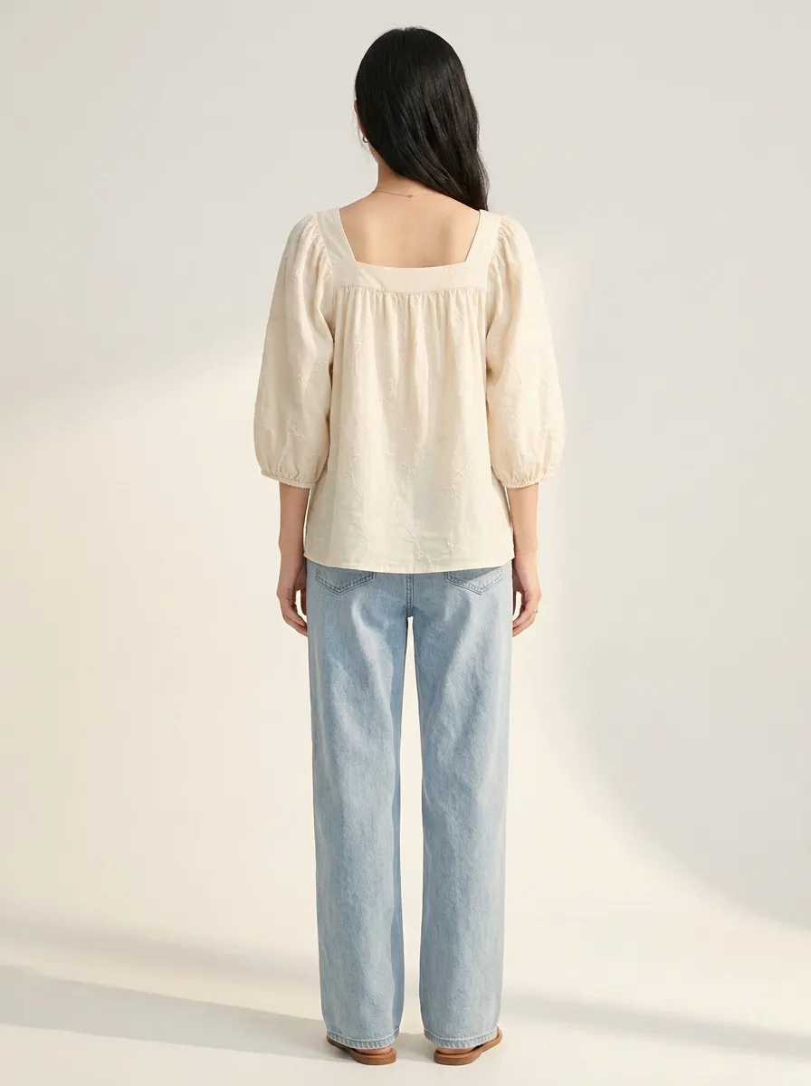 Relaxed Embroidered Women's Puff-Sleeve Blouse