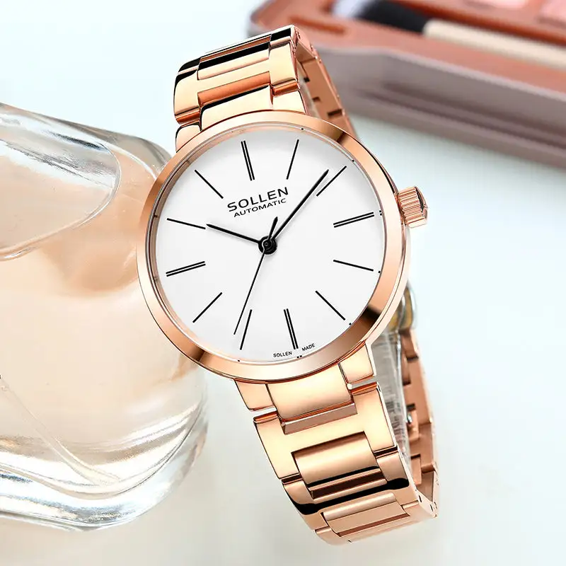 Sollen SL409 Women's Minimalist Automatic Mechanical Watch - 34mm Crystal Bezel Sandblasted Dial Stainless Steel Bracelet Wristwatch