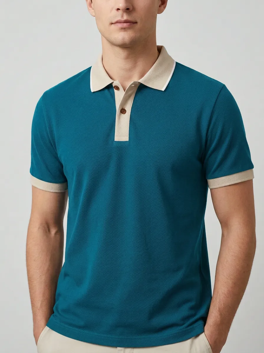 Men's Navy Blue Beige Contrast Collar Printed Polo Shirt