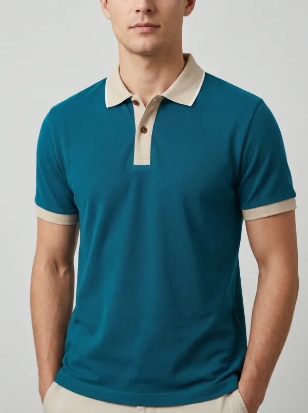Men's Navy Blue Beige Contrast Collar Printed Polo Shirt
