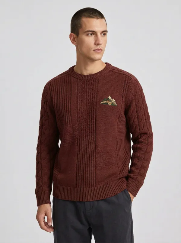 Men's Olive Green Outdoor Mountain Embroidered Knit Sweater