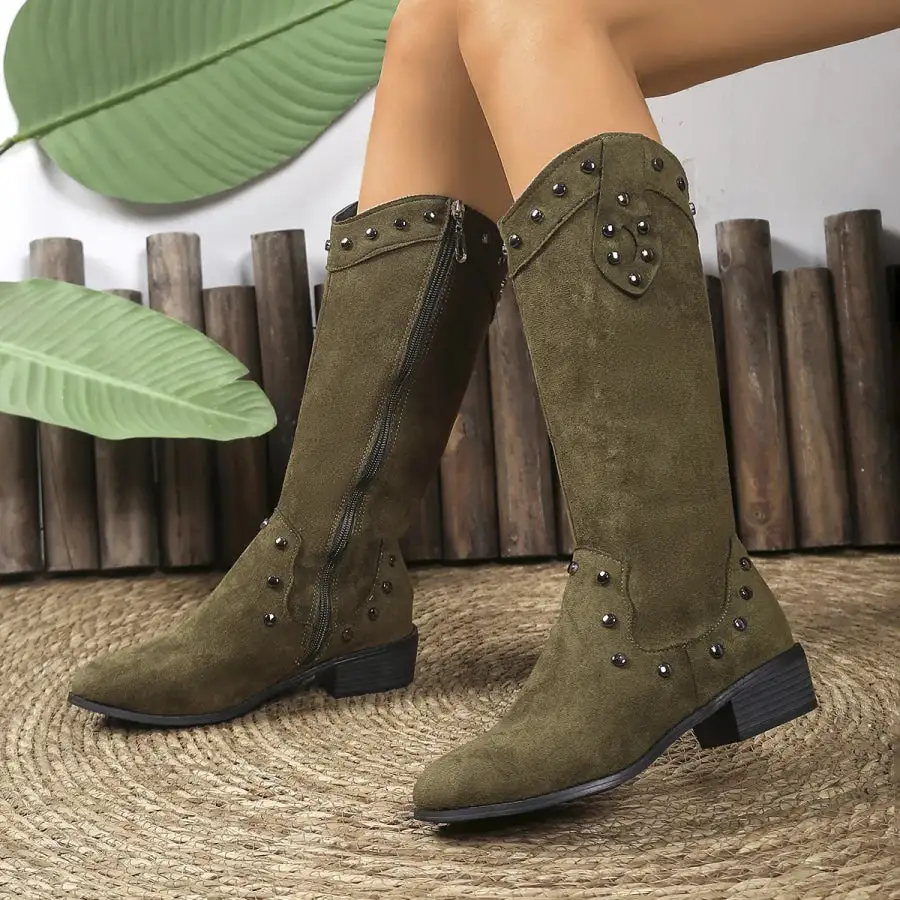 Studded Mid-calf Boots with Side Zipper Closure