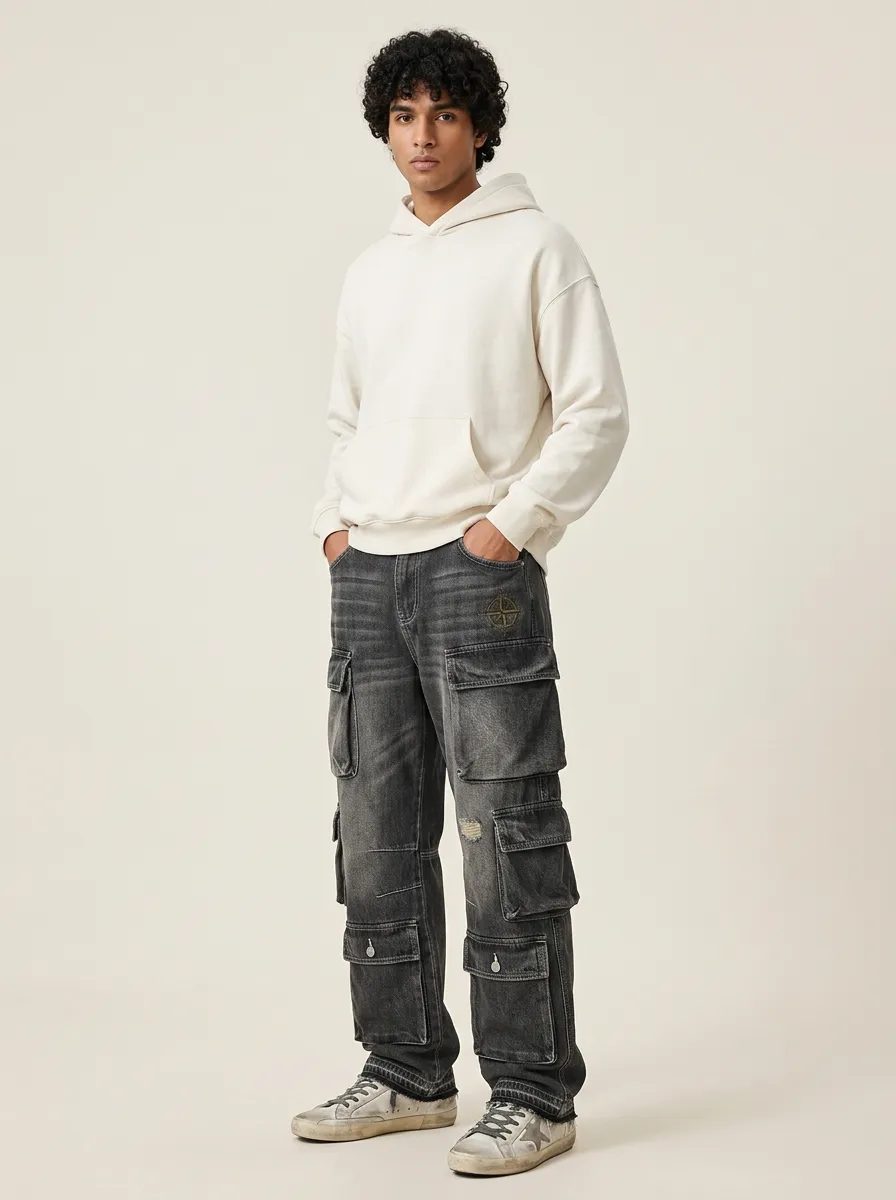 Men's Streetwear Compass Logo Washed Black Printed Cargo Jeans