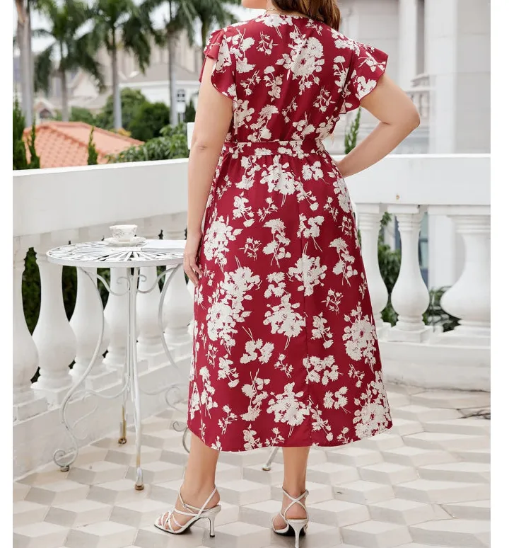 Plus Size Tie Waist Surplice Neck Midi Dress