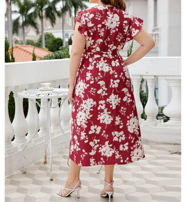 Plus Size Tie Waist Surplice Neck Midi Dress