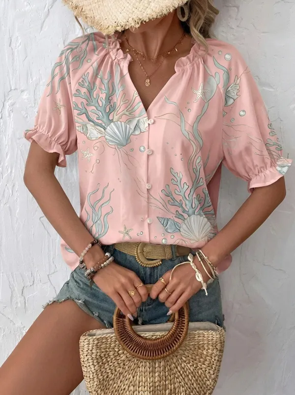 Women's Beach Lover Coral Seashell Starfish Printed Blouse
