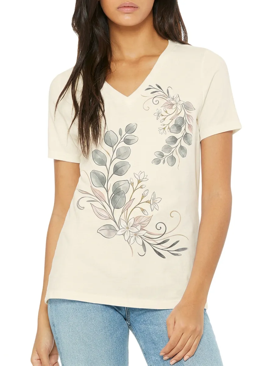 Women's Botanical Floral Eucalyptus Watercolor Printed V-neck T-shirt