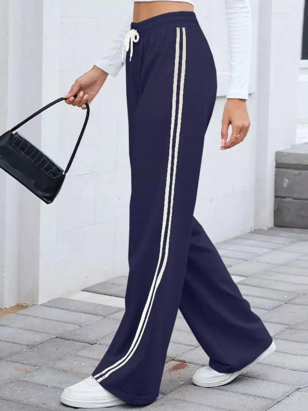 Wide Leg Striped Drawstring Everyday Pants