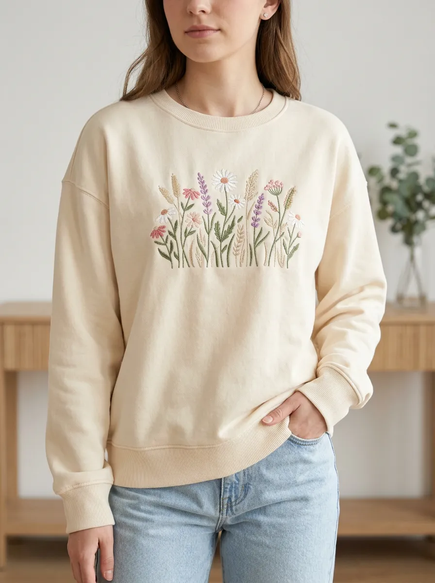 Women's Embroidered Refined Wildflower Crewneck Sweatshirt