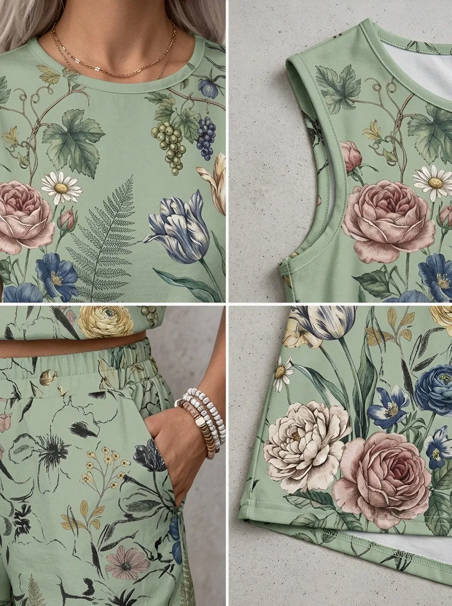 Women's Botanical Floral Sage Green Printed Sleeveless Shorts Set