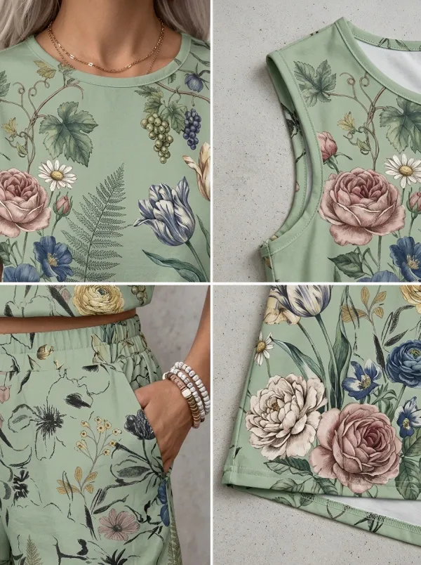 Women's Botanical Floral Sage Green Printed Sleeveless Shorts Set
