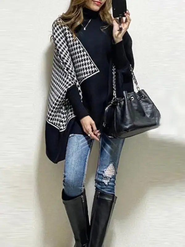 Women's Plaid High-Neck Relaxed Sweater