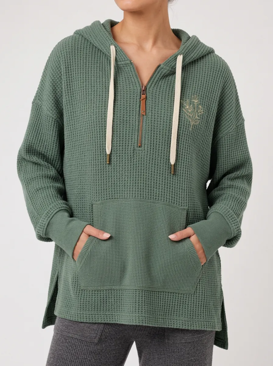 Women's Floral Line Art Printed Waffle Knit Quarter Zip Hoodie