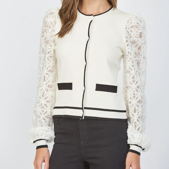 Lace Detail Floral Detail Button Front Striped Cardigan