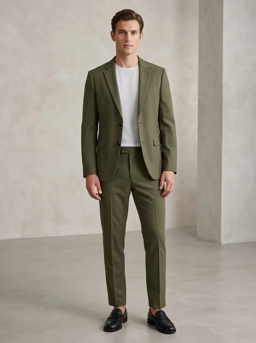 Men's Olive Green Micro-Check Patterned Suit Set