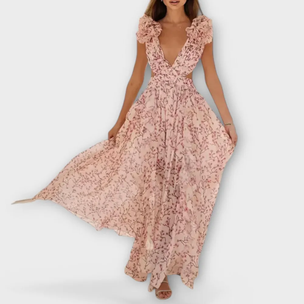 Printed Flowing Ruffle Maxi Dress