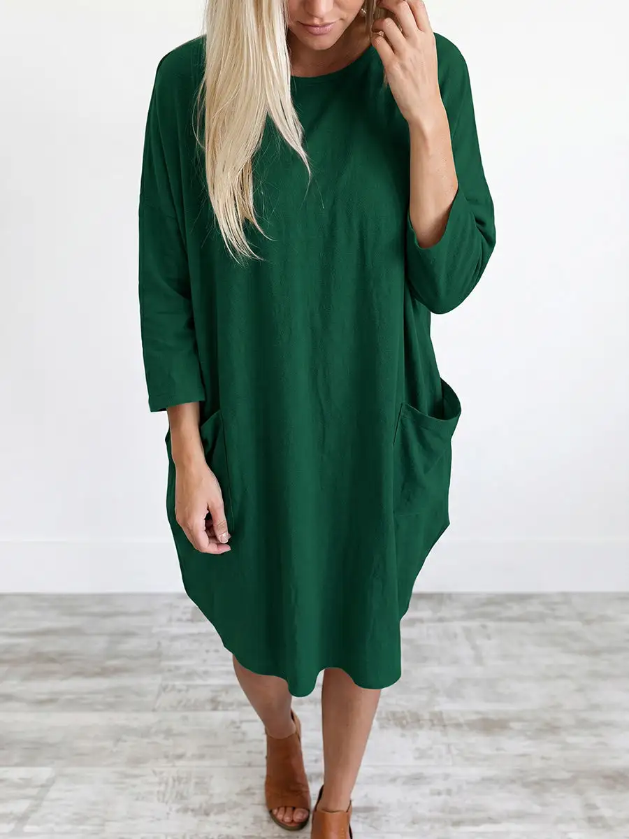 Refined Long Sleeve Relaxed Pocket Solid Color Round Neck Mini Dress