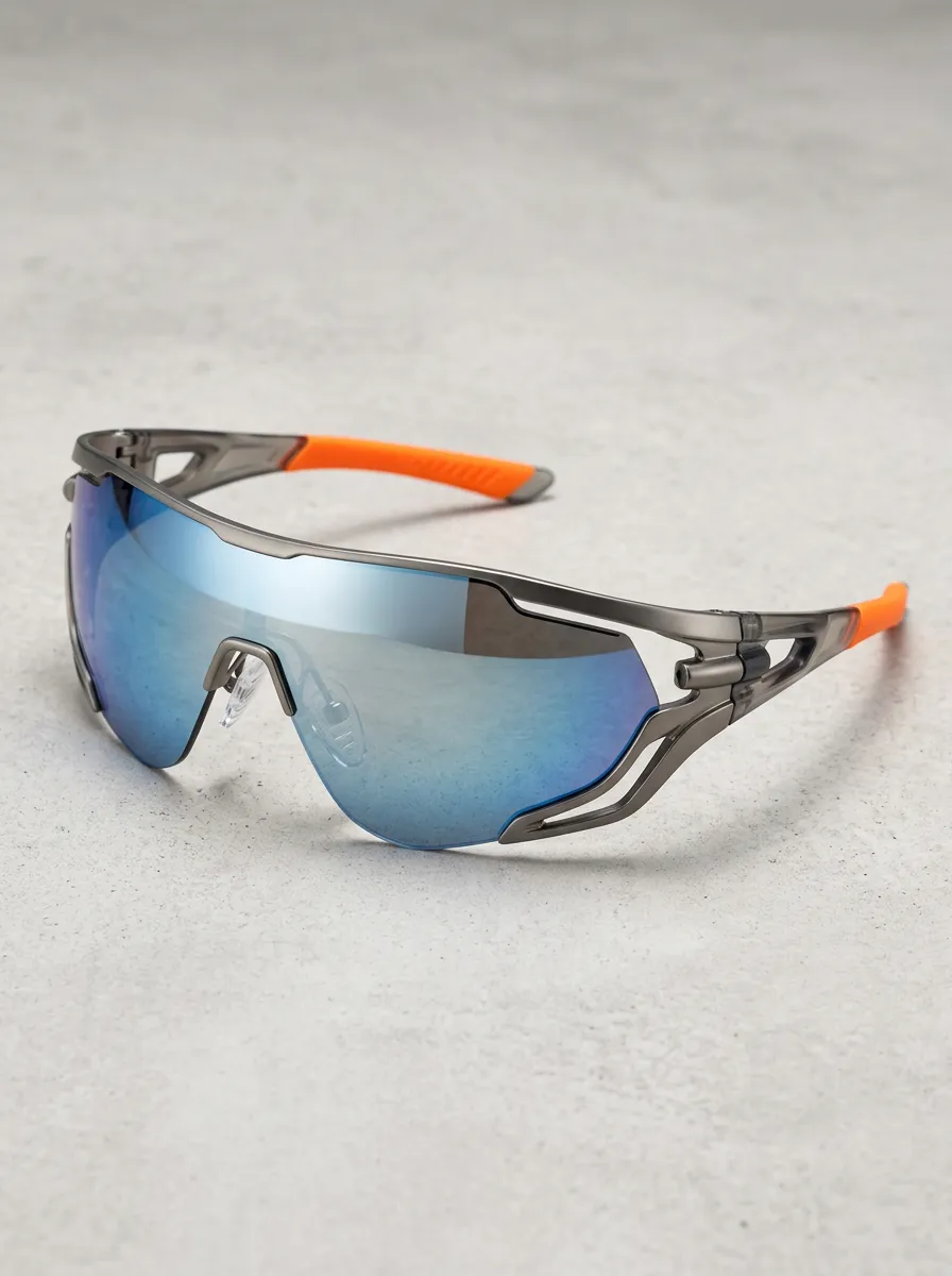 Men's Sport Cycling Blue Mirror Lens Orange Trim Sunglasses