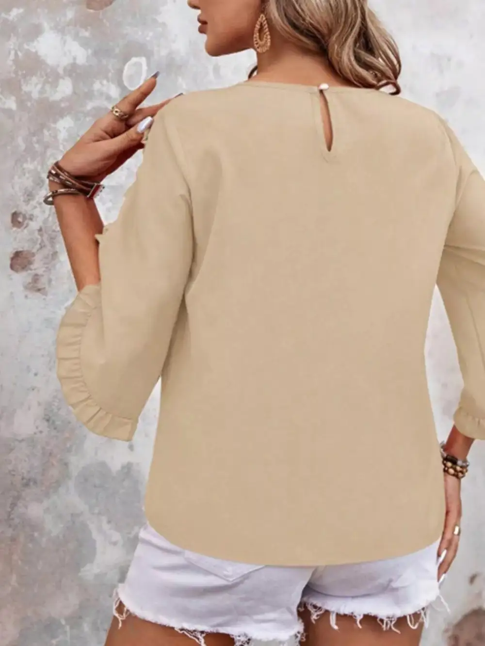 Ruffle Sleeve Solid Color Blouse