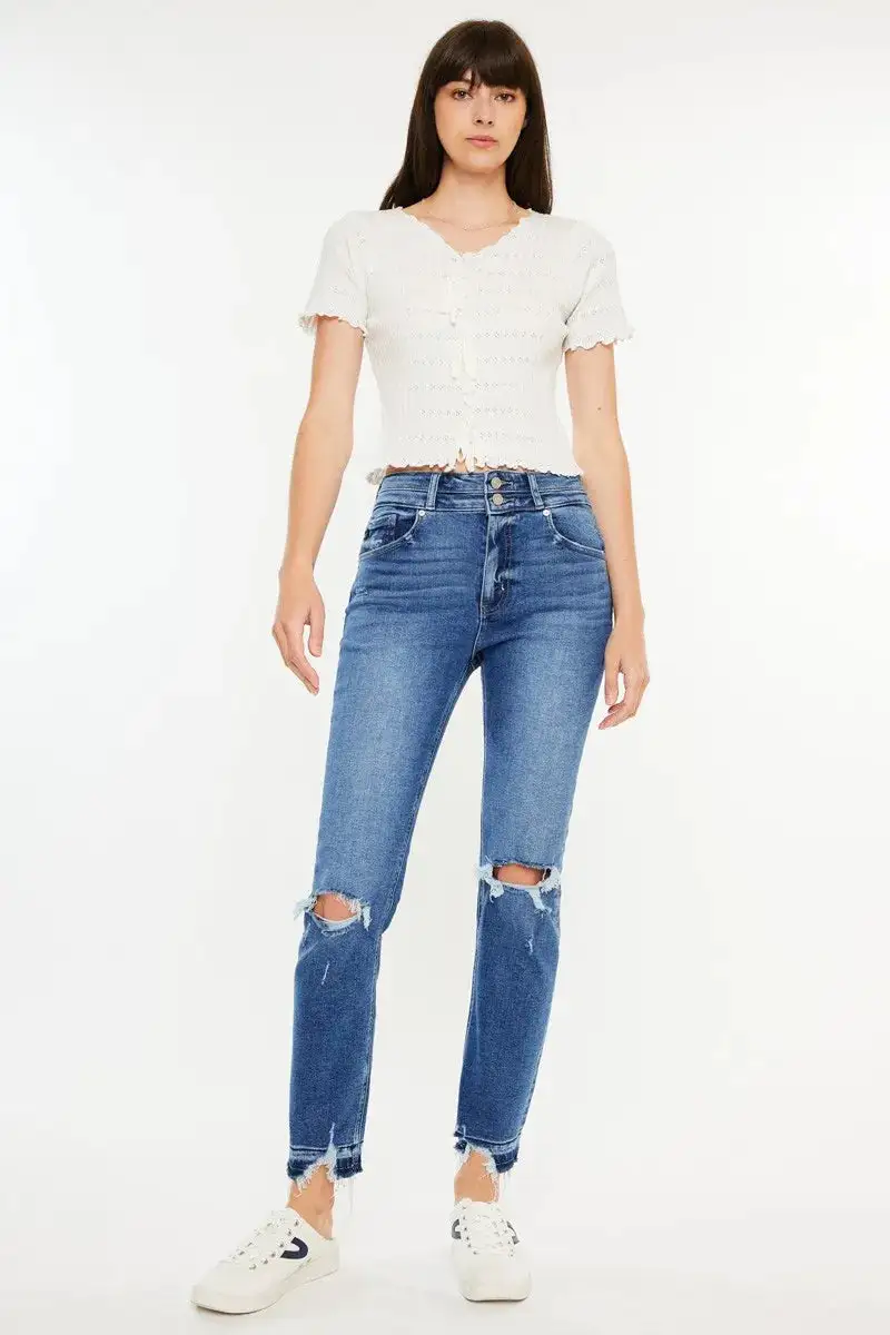Textured High Waist Straight Leg Distressed Denim Jeans