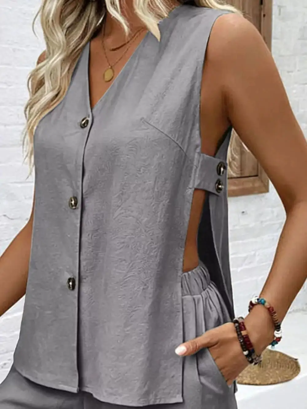 Sleeveless Button Down Top and Shorts Set