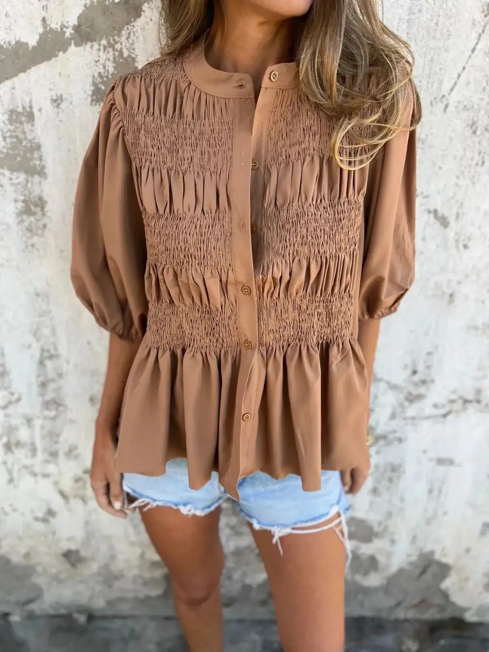 Smocked Puff-Sleeve Buttoned Blouse