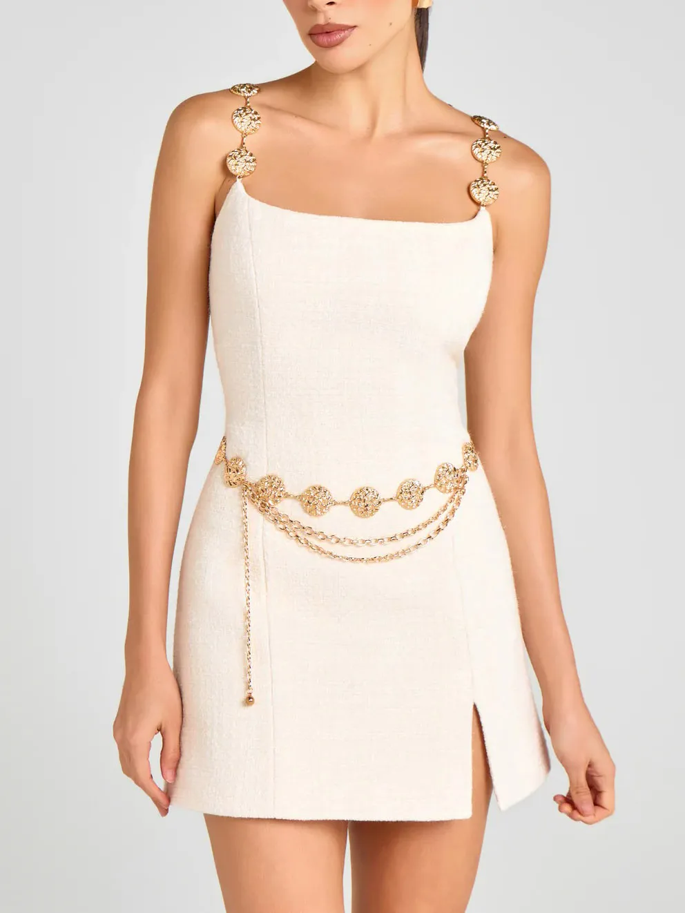 Square Neck Slit Elegant Mini Dress