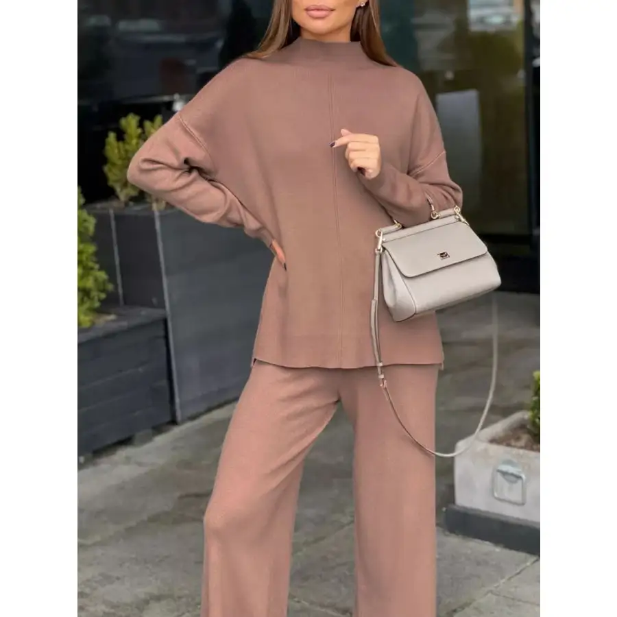 Slit Mock Neck Top and Pants Sweater Set