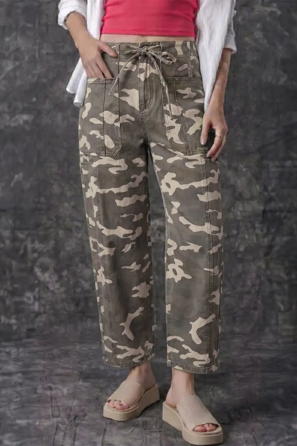 Women's Leopard Print Barrel Jeans With Drawstring Elastic Waist