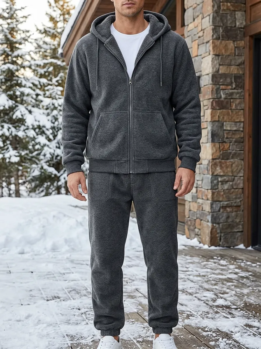 Men's Winter Fleece-Lined Zip-Up Hoodie and Jogger Set with Patch Pockets