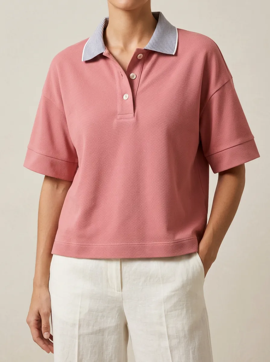 Women's Pink Short Sleeve Polo with Striped Collar Detail