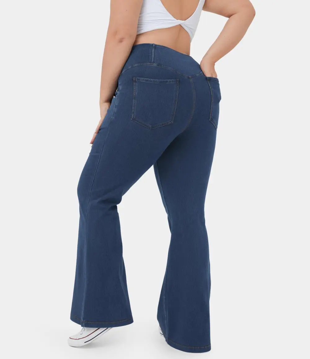 Magic High Waisted Crossover Pocket Cool Touch Breathable Washed Stretchy Knit Plus Size Casual Super Flare Jeans