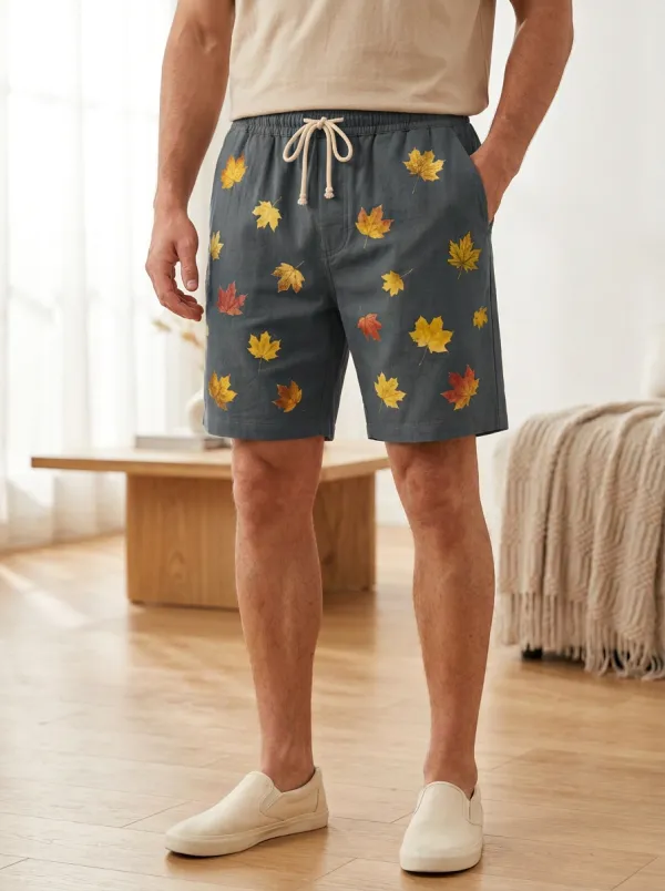 Tan Maple Leaf Print Drawstring Relaxed Fit Shorts
