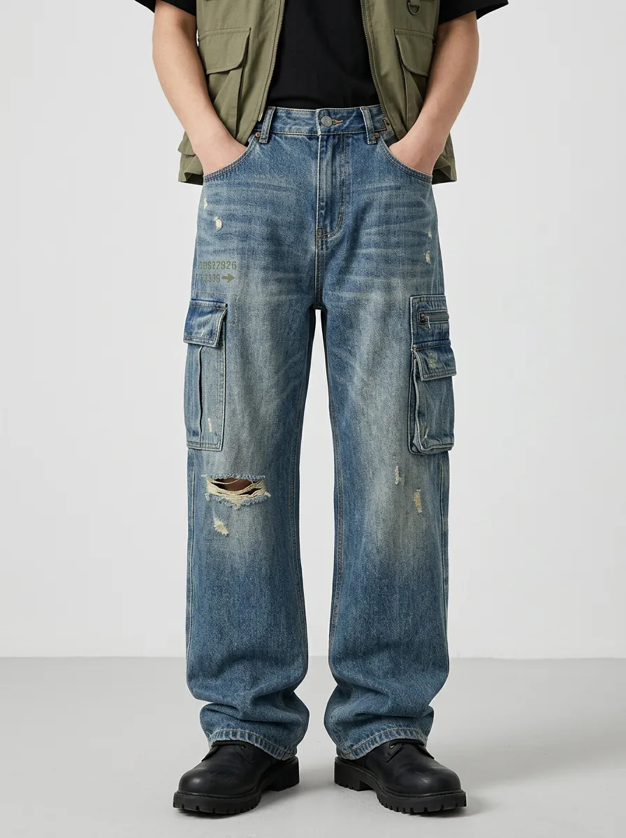 Men's Forge Streetwear Distressed Graphic Cargo Jeans